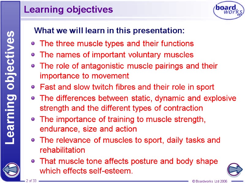 Learning objectives © Boardworks Ltd 2006 2 of 33 Learning objectives The three muscle